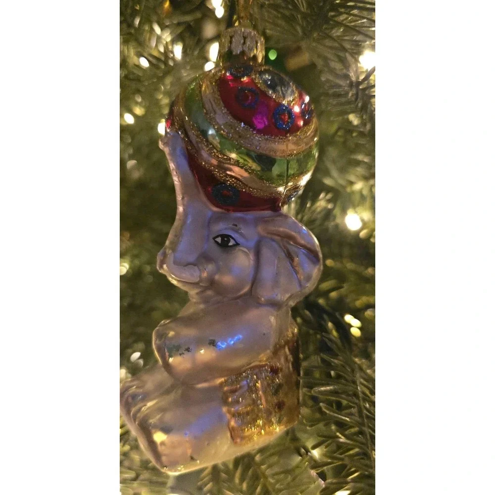 VTG‎ Lot Of 2 Christmas Glass Ornament Elephant Circus Style Ball Hat